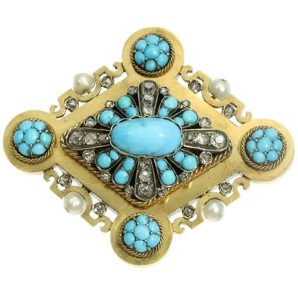 Victorian brooch with rose cut diamonds, pearls and cabochon turquoises
